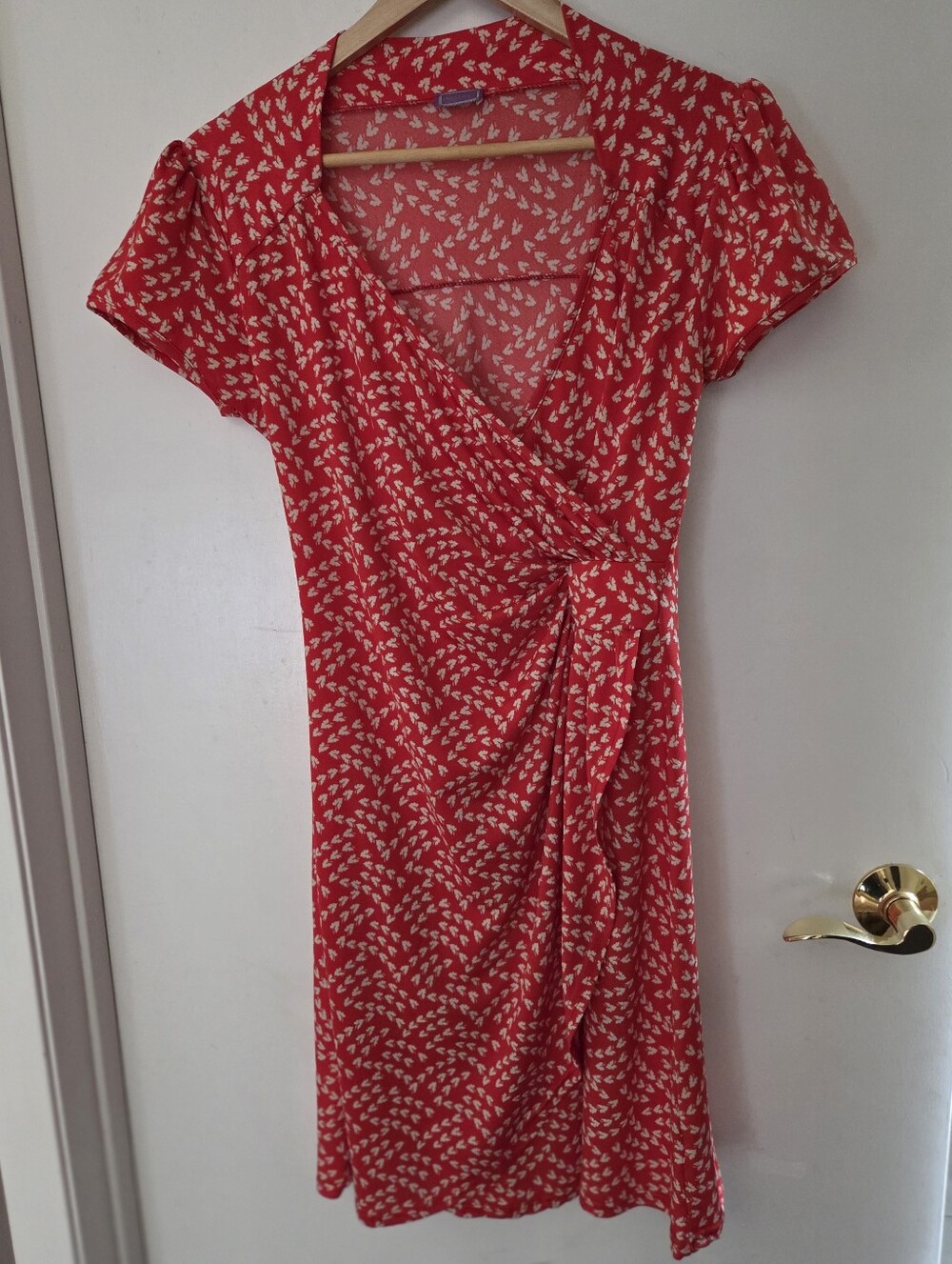Red Floral Wrap Dress Short Sleeve V-Neck Cottagecore Boho Made In France Sz.12 - Picture 3 of 9